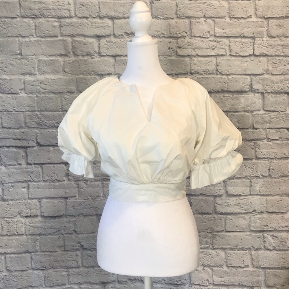 Cien Puff Sleeve V Neck Crop Top Blouse Wrap Tie Waist White Womens Small NWT